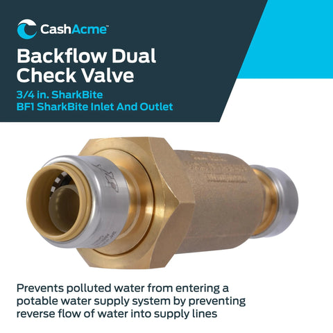 CashAcme backflow dual check valve, 3/4 in push-to-connect SharkBite inlet and outlet, brass body