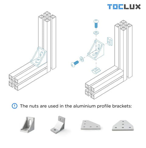 Diagram of M5 T-slot aluminum extrusion assembly for Ultimate M5 T Nut And Black Screw Kit showing bracket use and hardware installation.