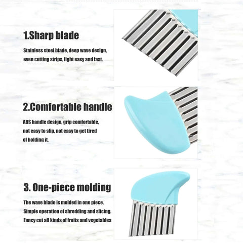 Three images showing the features of the 4 Pcs Crinkle Cutter Set For Fries And Veggies With Waffle Wave Fry Cutters.
