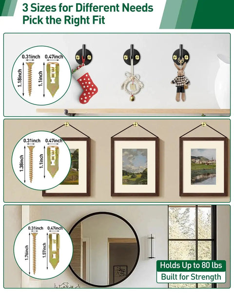 Self Drilling Drywall Anchors Kit With Expansion Screws In Three Sizes Zinc Plated Steel No Drill Required shown holding decor and frames