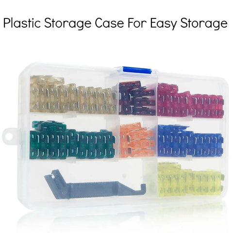 120 Assorted ATC Fuses With 10 Inline Fuse Holders And Fuse Puller Tool in storage case, 12V wiring kit for vehicles.