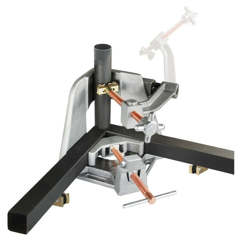 3-Axis Fixture Vise with Quick Acting Screws and Swing Away Arm, Two Stand-Offs visible, holding a pipe in position