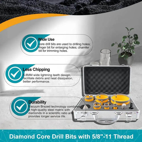 Ultimate Diamond Tile Hole Saw Kit 12 Piece Set With Diamond Core Drill Bits For Tile Porcelain Ceramic Marble Including 20mm Finger Bit 50mm Chamfer Bit And SDS Adapter By EXFEIN displayed in metal case
