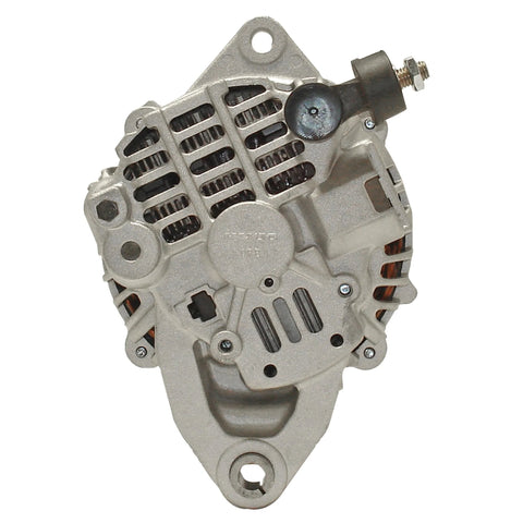 Front view of remanufactured vehicle alternator with high quality bearings, high temp lubricant, and double lip seals.