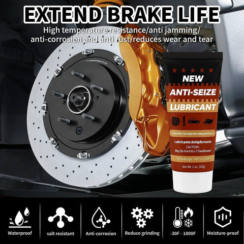 Tube of Copper Anti Seize Brake Caliper Grease and Thread Lubricant next to a car brake disc and caliper.