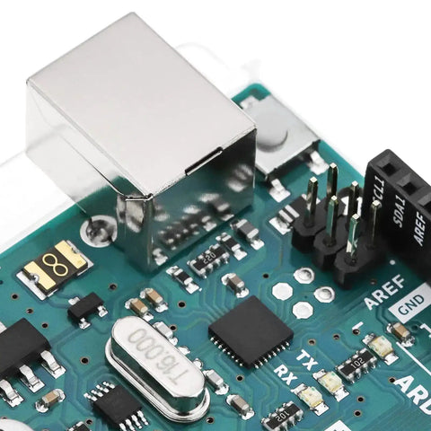 Close-up of Mega 2560 Rev 3 Microcontroller Board with ATmega2560 showing USB port and components for advanced DIY projects