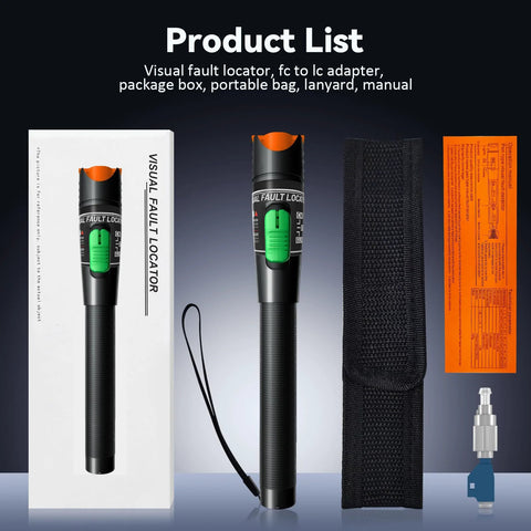 Visual Fault Locator handheld fiber optic tester kit with green switch, black grip, lanyard, carrying pouch and adapters.