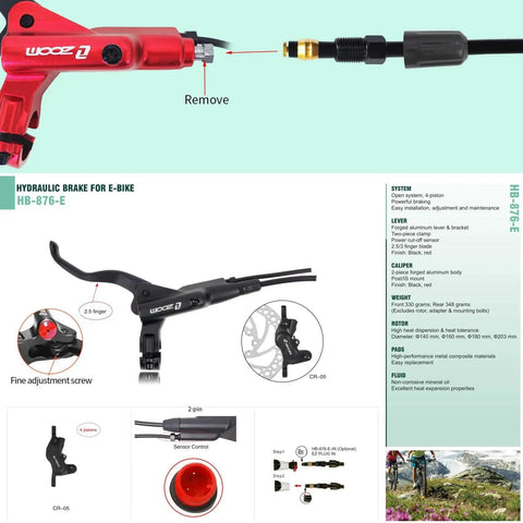 HB876-E hydraulic disc brake set for e-bike; front red lever with hose and separate black lever with rotor.