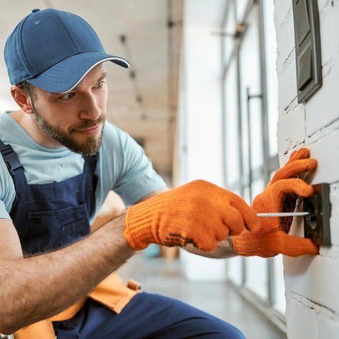 Electrician wearing orange gloves and blue cap installing an electrical outlet on a white wall.