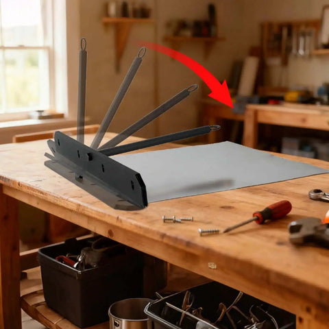 Heavy Duty Sheet Metal Hemming Tool for roofing panels and HVAC ducts in action, 15.25 inch metal bender on workbench