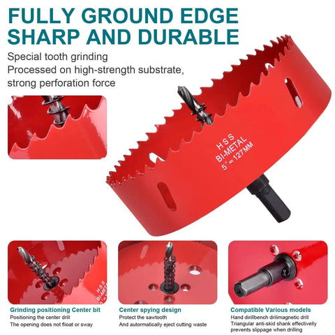 Close-up of 4 Inch Hole Saw Kit For Wood Plastic Ceiling Drywall And Metal With HSS Bi Metal Cutter featuring sharp red teeth and arbor.