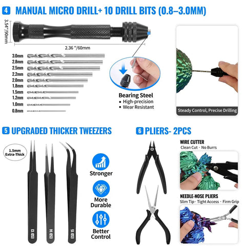 Close-up of the All In One 68 Piece 3D Printer Tools Kit with manual micro drill, drill bits, tweezers, and pliers for precision tasks.