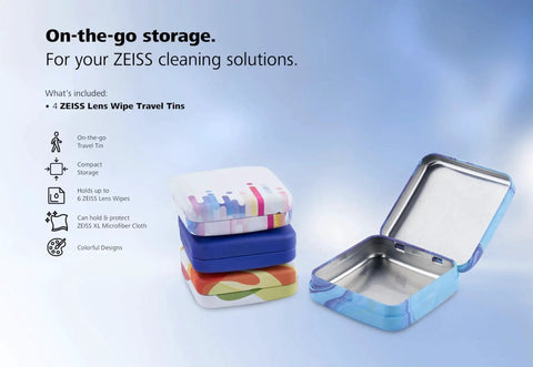 ZEISS Lens Cleaning Wipes Tin Boxes With Hinged Lids Pack Of Four, colorful designs, compact metal tins for portable lens care
