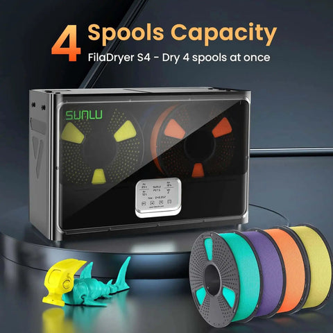 3D Printer Filament Dryer S4 With Four Spool Capacity, Upgraded Three Circulation Fans, 350W PTC Heater, Black shown with filaments
