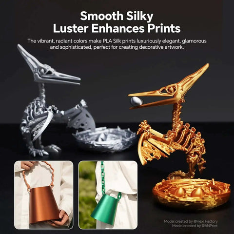Silk PLA 4kg bundle with 1.75mm filament showcasing 3D printed dinosaur models in gold and silver, emphasizing smooth, silky luster.