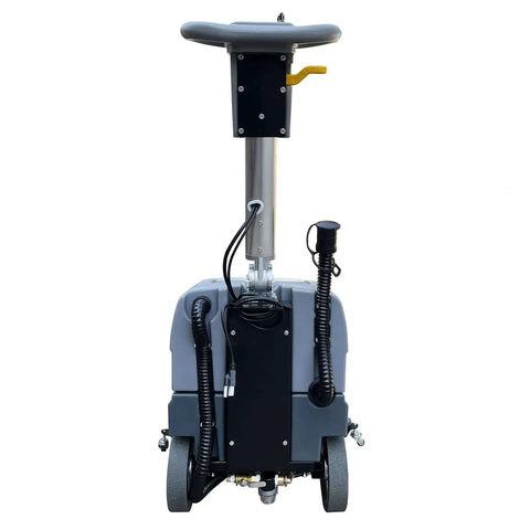 Rear view of a Foldable Walk Behind Floor Scrubber with 15 Inch Brush and Automatic Water Flow Upgrade, size 32x18x25 inches, gray.