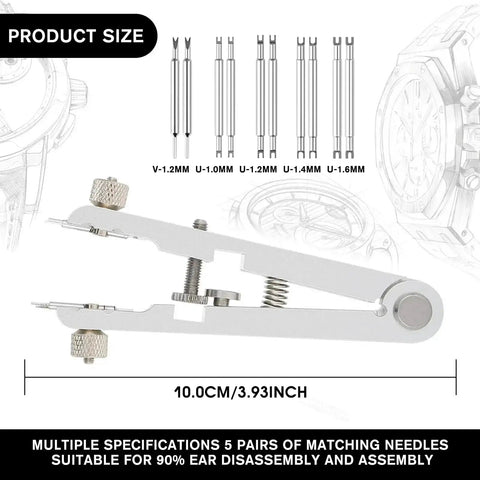 Watch Spring Bar Tool Kit With Pliers And 10 Tips, Pin Bar Tweezers; 10cm silver aluminum pliers with precision tips.