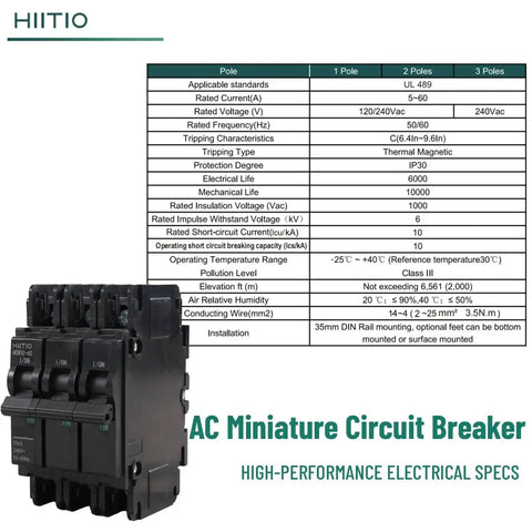 AC Miniature Circuit Breaker 60 Amp 120 To 240 Volts Three Pole DIN Rail Mount 35 mm UL 489 Listed Heavy Duty MCB HCB1U 60