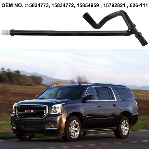 NOVINO engine lower heater outlet hose, black rubber with white connector, close-up view; GMC SUV on road in background