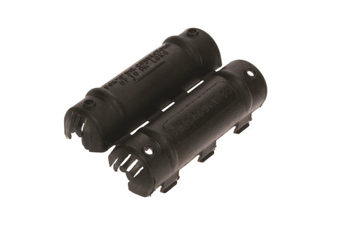 Two black NSI C5 dual-rated compression insulating covers for WR series tap connectors.