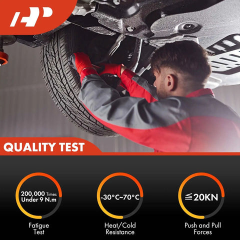 Mechanic performing quality test with car lifted, showcasing durability features of control arms in freezing and high temperatures.