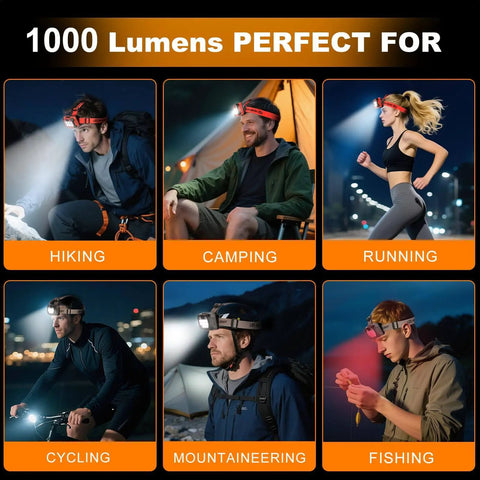 Collage showing Go-To Rechargeable Headlamp With 1000 Lumen Output used for hiking, camping, running, cycling, mountaineering, fishing.