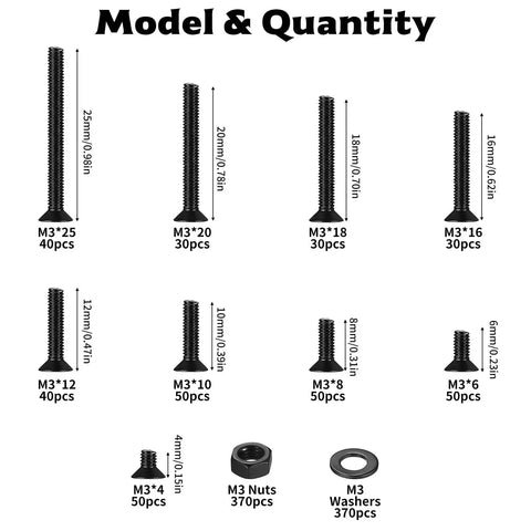 Model sizes and quantities of Beefy Heavy Duty M3 Screws And Nuts Kit 1110 Pcs Set With Black Phillips flat head countersunk bolts.