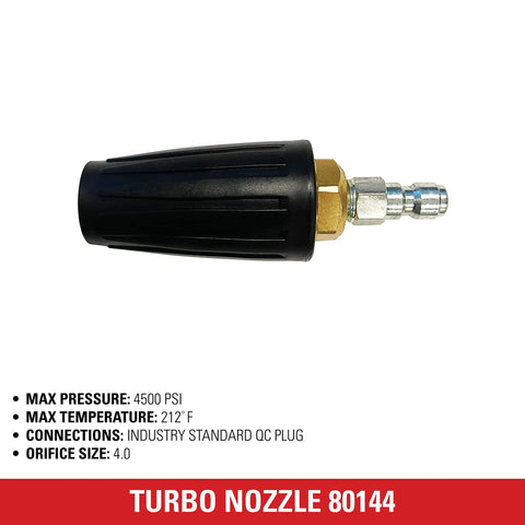 Simpson Cleaning 80144 turbo pressure washer nozzle with black grip, brass hex nut, and 1/4-inch quick-connect