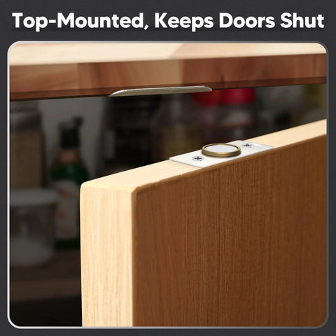 4 Pack Strong Magnetic Door Catch Set for Closet and French Doors, top-mounted, shown on wooden door opening.