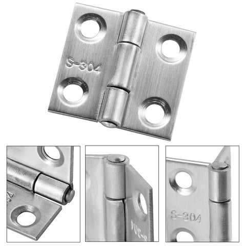 1-inch stainless steel mini hinge set with mounting screws, 6 pcs
Side view of 1-inch stainless steel mini hinge showing hinge pin and mounting holes
Close-up of stainless steel hinge barrel and hinge pin detail
Installed view of hinge attached to panel with screw holes