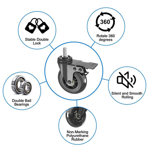 Three Inch Swivel Stem Caster Wheels Set Of Four With Two Brakes And Two Without Brakes Heavy Duty Threaded Stem Five Sixteenth Inch Eighteen TPI