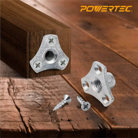 5/16-18 Screw-On Tee Nuts Pack Of 8, 1/2 Inch Length, Threaded Inserts for woodworking, shown installed in wood block