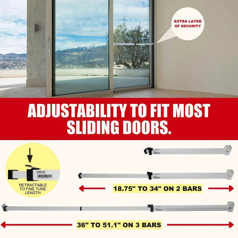Sliding Door Security Bar-Child Proof Sliding Door Lock Bar with Anti Lift Lock shown with adjustable lengths for doors and windows