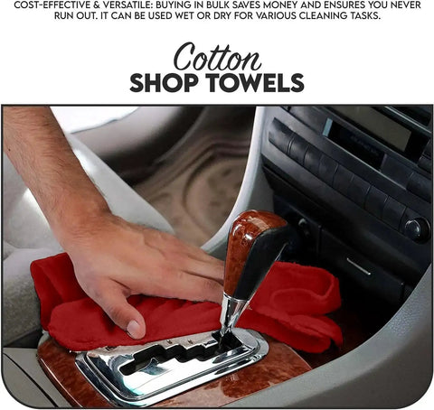 Person using Red Cotton Shop Towels Pack Of 150 14 By 12 Inches Reusable Cleaning Rags For Auto Garage Industrial Restaurant And Home Workhorse Absorbent Non Scratch Lint Free on car interior.