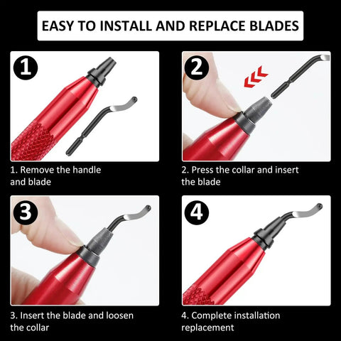 Steps to install and replace blades on Deburring Tool Kit With 10 Extra Blades And Red Handle Alloy Burr Removal Tool For Handicrafts.
