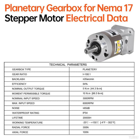 100 To 1 Planetary Gearbox For Nema 17 Stepper Motor with electrical data chart, shows 42 to 66mm body, 25.5mm input shaft, 8mm output shaft