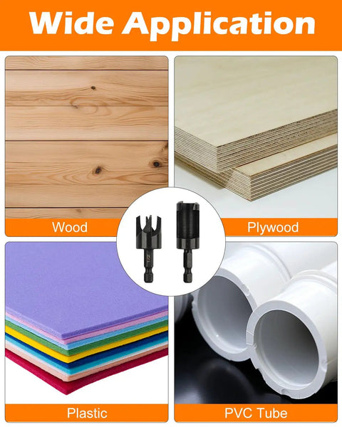 Pro Wood Plug Cutter Set For Woodworking Pros shown with wood, plywood, plastic, and PVC tube for wide application