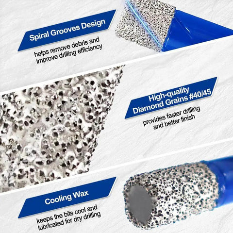 Diamond Core Bits Three Eighths Inch Set 10mm For Porcelain Tile Marble Ceramic Granite And Brick Dry And Wet Drilling With Triangle Shank For Hand Drill And Bench Drill Five Piece Set Pro Grade showing close-up of spiral grooves, diamond grains, and cooling wax features