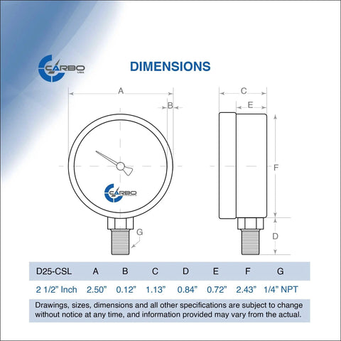 Diagram of 2-1/2 Inch Dry Dial Pressure Gauge With Chrome Plated Steel Case For Vacuum To -30 Hg And 0-30 Psi Lower Mount 1 Quarter Inch NPT Dual Scale Psi Bar With KPa Guidance ASME B40.1 Grade B Accuracy For HVAC Hydraulics Compressors Gases And Liquids showing dimensions.