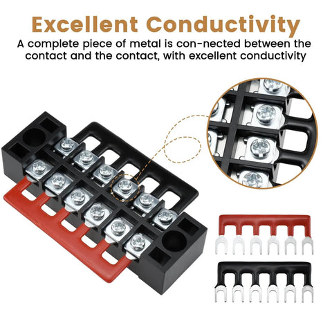 Close-up of 10 Pack 15A Screw Terminal Blocks With Wiring Strips, Dual Row, Covered, 3 4 5 6 8 Position Options, Pre Insulated Jumpers, 600V