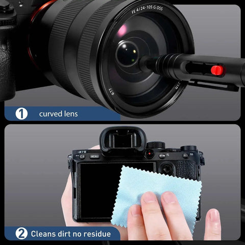 Camera Lens Cleaning Kit For Mirrorless And DSLR With Lens Pen Blower in use on camera lens and screen cleaning.