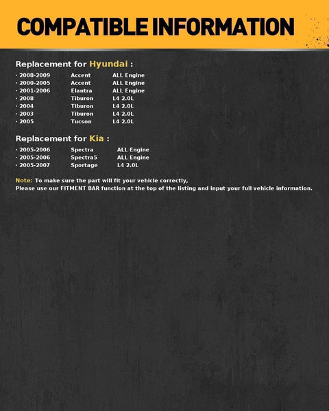 Image showing compatible information for Hyundai and Kia vehicles for the product Alternator Replacement For Hyundai Vehicles 2001 2006.