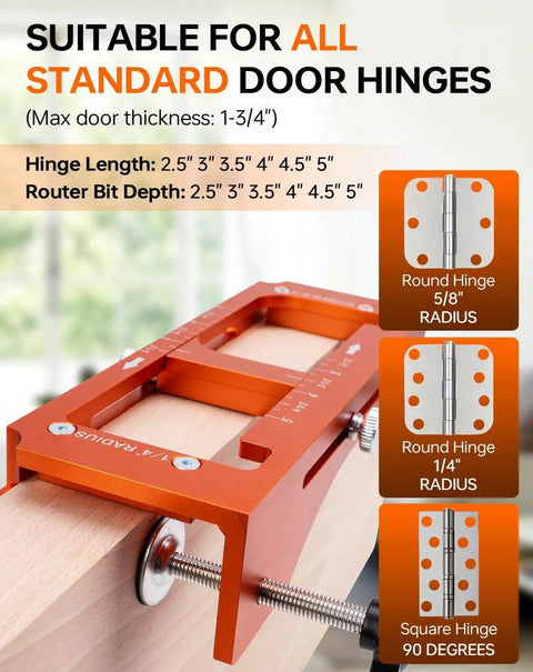 Heavy Duty Door Hinge Jig And Lock Installation Kit With Anodized Aluminum Router Template for 3-5 inch hinges displayed in use.