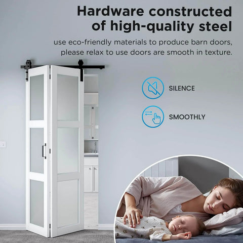 No Fuss Space Saver 30 By 84 Inch Bifold Sliding Barn Door With Hardware Kit Included, Preassembled Glass Barn Door In White Finish