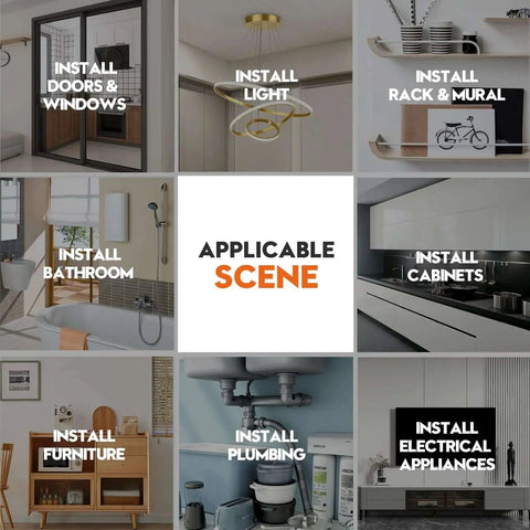 Image grid showing installation scenes: doors, light, rack, bathroom, cabinets, furniture, plumbing, and electrical appliances.
