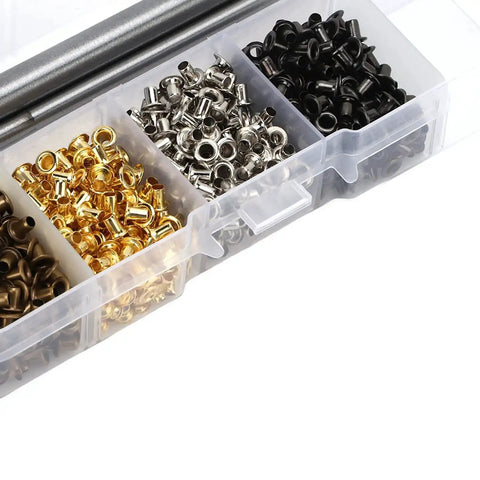 2mm Plated Copper Grommet Kit With Mini Eyelets And Plastic Storage Box For Shoelaces Belts And Craft Projects Durable Rust Resistant Hardware For Repairs Or Creative Upgrades showing different colored eyelets in box compartments
