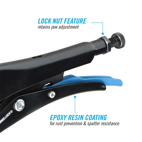 Close-up of Eight Inch Sheet Metal Locking Pliers Model 108 8 with lock nut and epoxy resin coating for rust prevention
