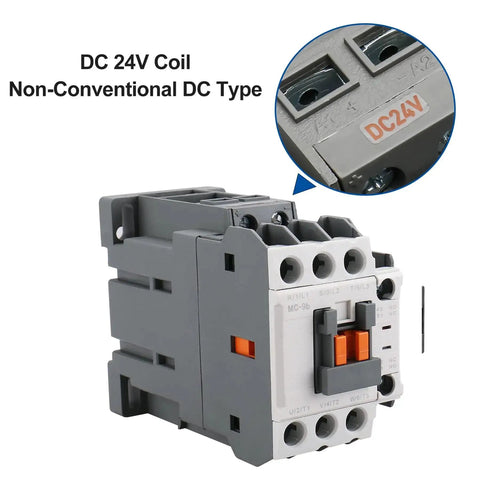 Three Pole Magnetic Contactor With 24V DC Coil 1NO1NC Auxiliary Contact DIN Rail Mount UL Certified 9A AC3 and 25A AC1 Load Rating
