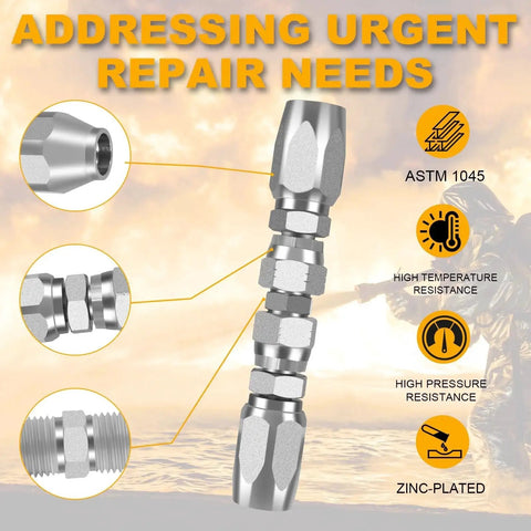 Three Pack Reusable Hydraulic Hose Repair Kit With One Quarter Inch Three Eighths Inch And One Half Inch Inner Diameter Fittings shown in detail.