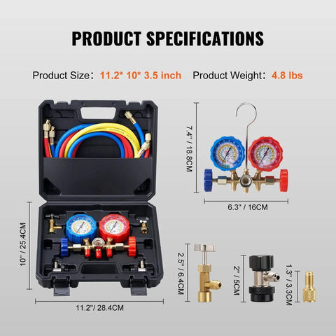 Three Way Car AC Manifold Gauge Set For R134A R22 R12 R502 with 5 Ft Hoses, couplers, case, and can tap, shown with dimensions